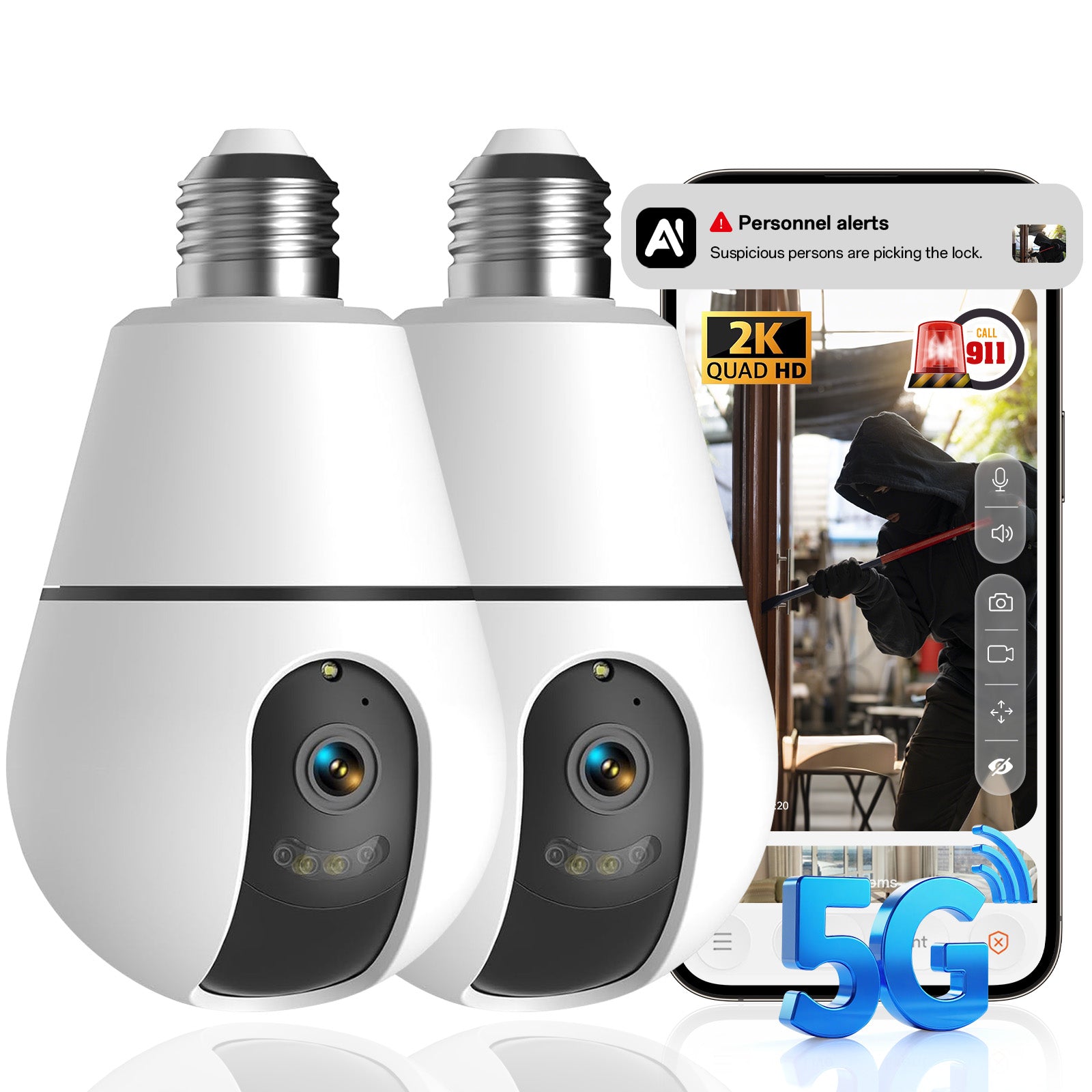 AI 3MP 2 Pack PTZ E27 Light Bulb  WiFi Indoor Network Security Camera