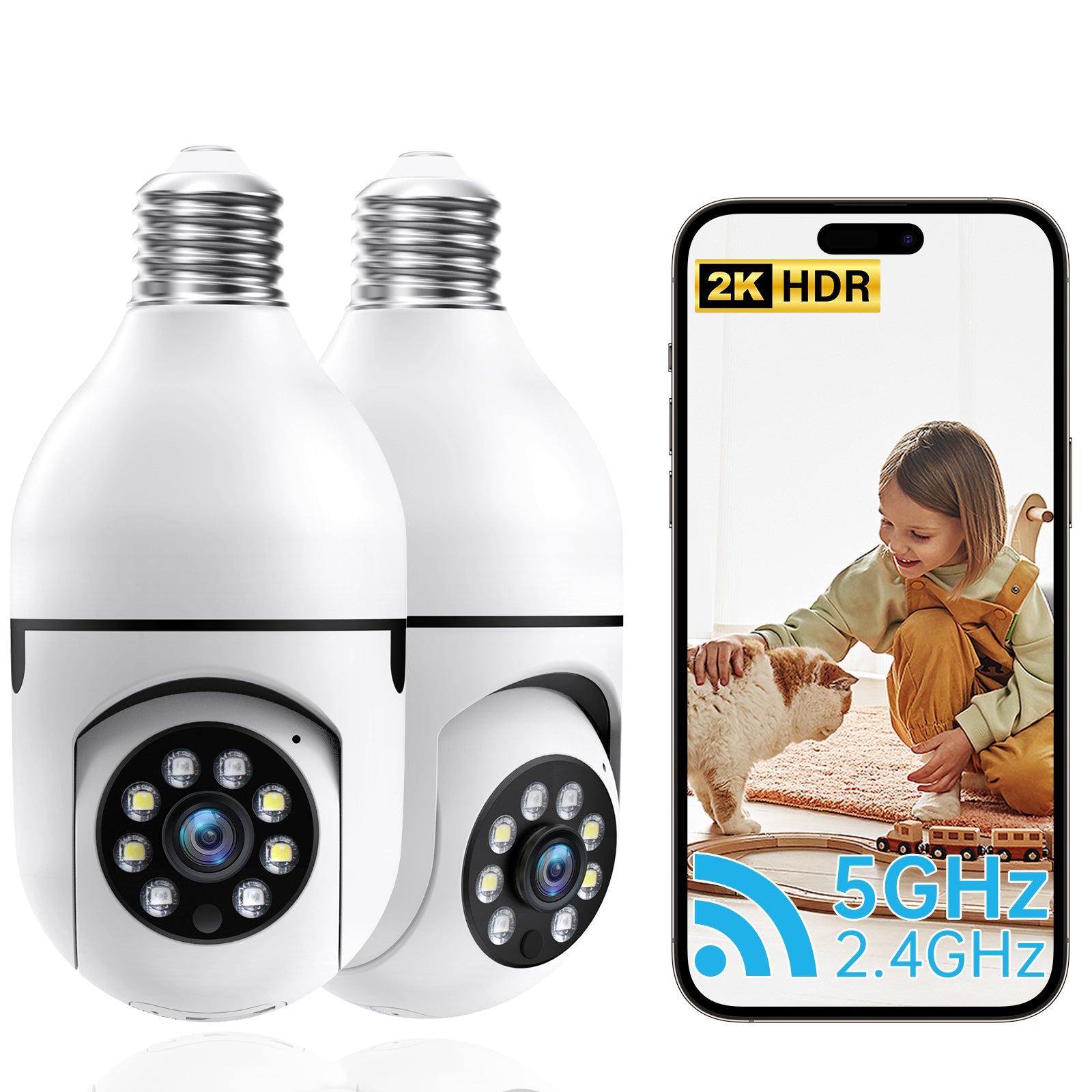 3MP 2 Pack PTZ WiFi Indoor E27 Light Bulb Network Security Camera