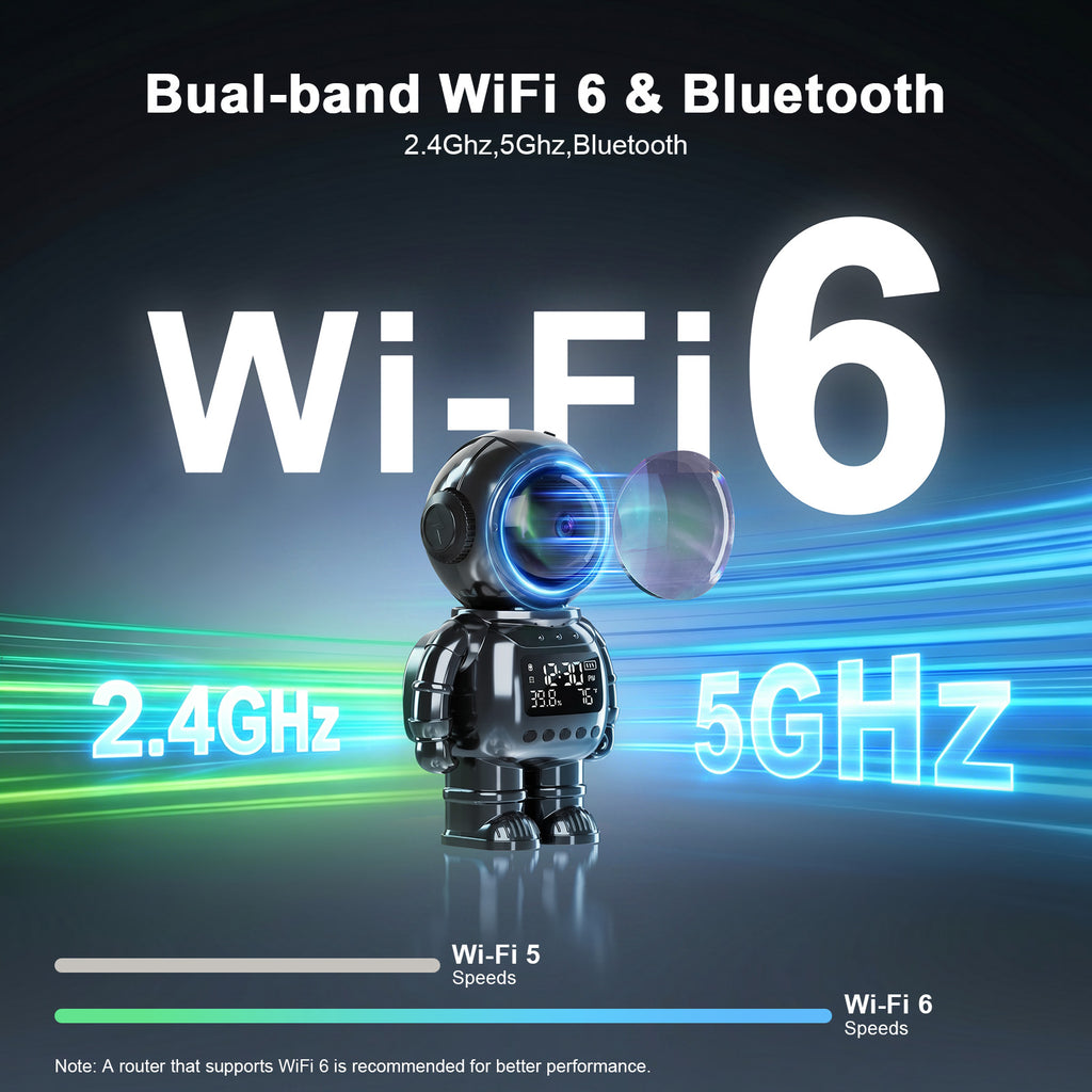 2K Robot Clock Camera, 5G/2.4G WiFi Indoor Camera, Baby Pet Monitor Baby monitor with camera and audio, pet camera, color night vision, motion detection, temp & humidity alerts