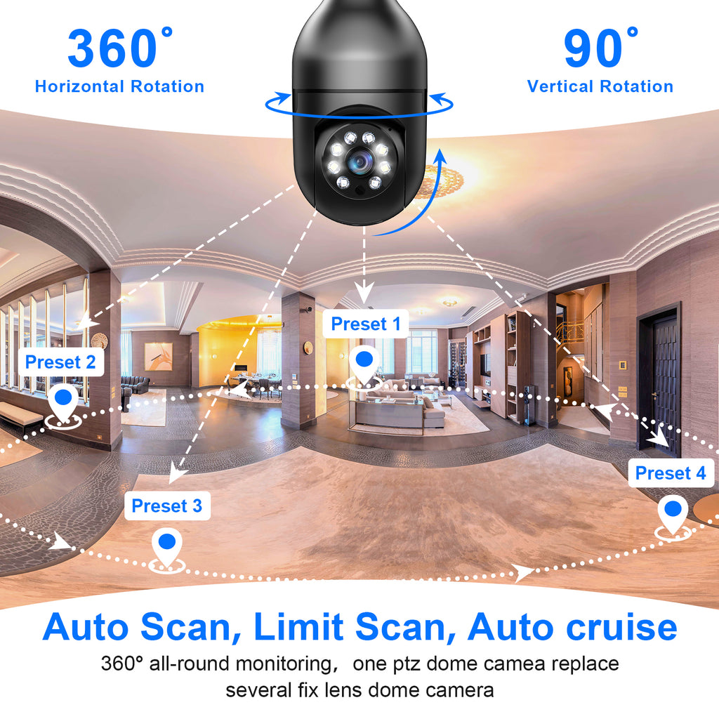 3MP AJcloud 1 Pack E27 Light Bulb Black PTZ WiFi Indoor Network Security Camera
