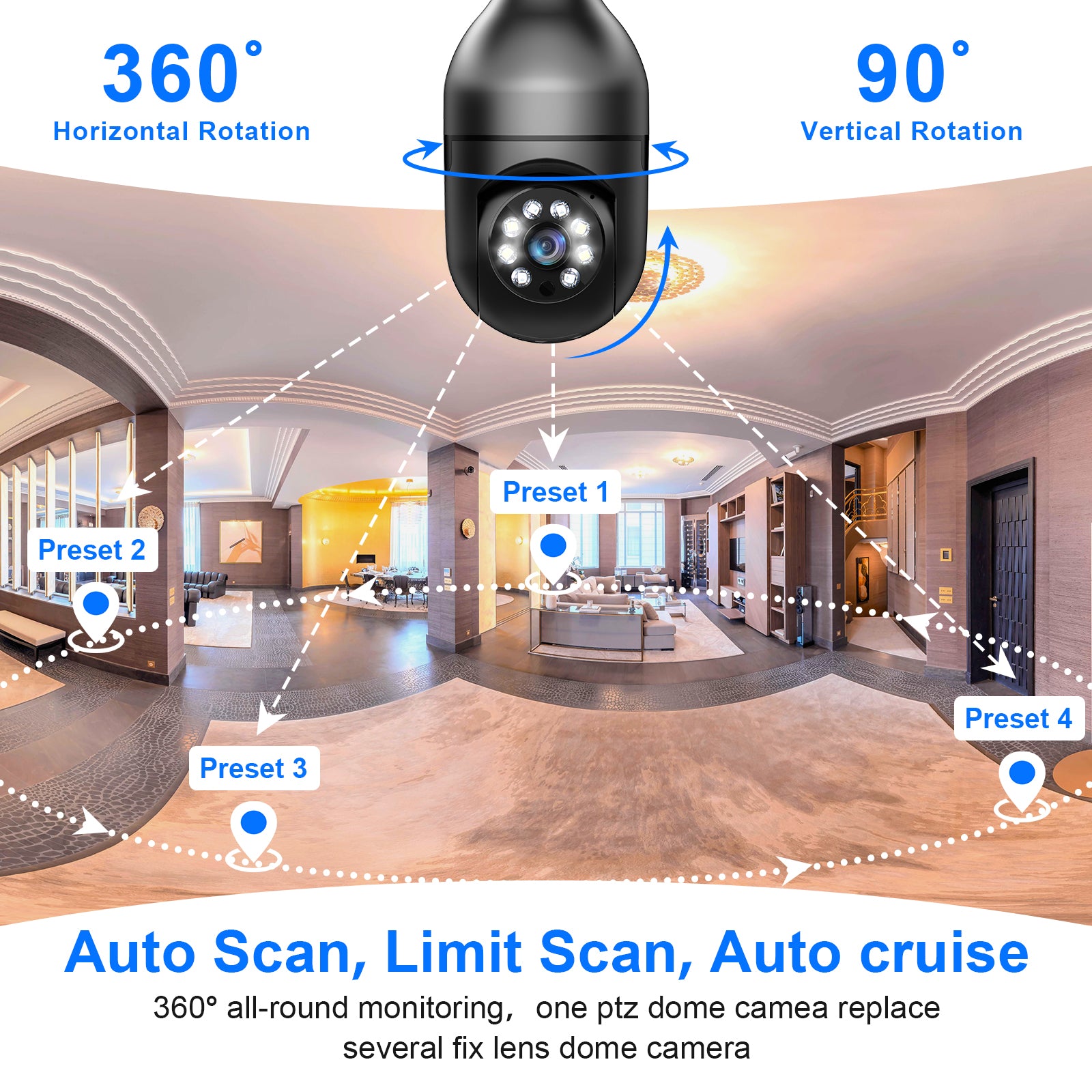 3MP AJcloud 1 Pack E27 Light Bulb Black PTZ WiFi Indoor Network Security Camera