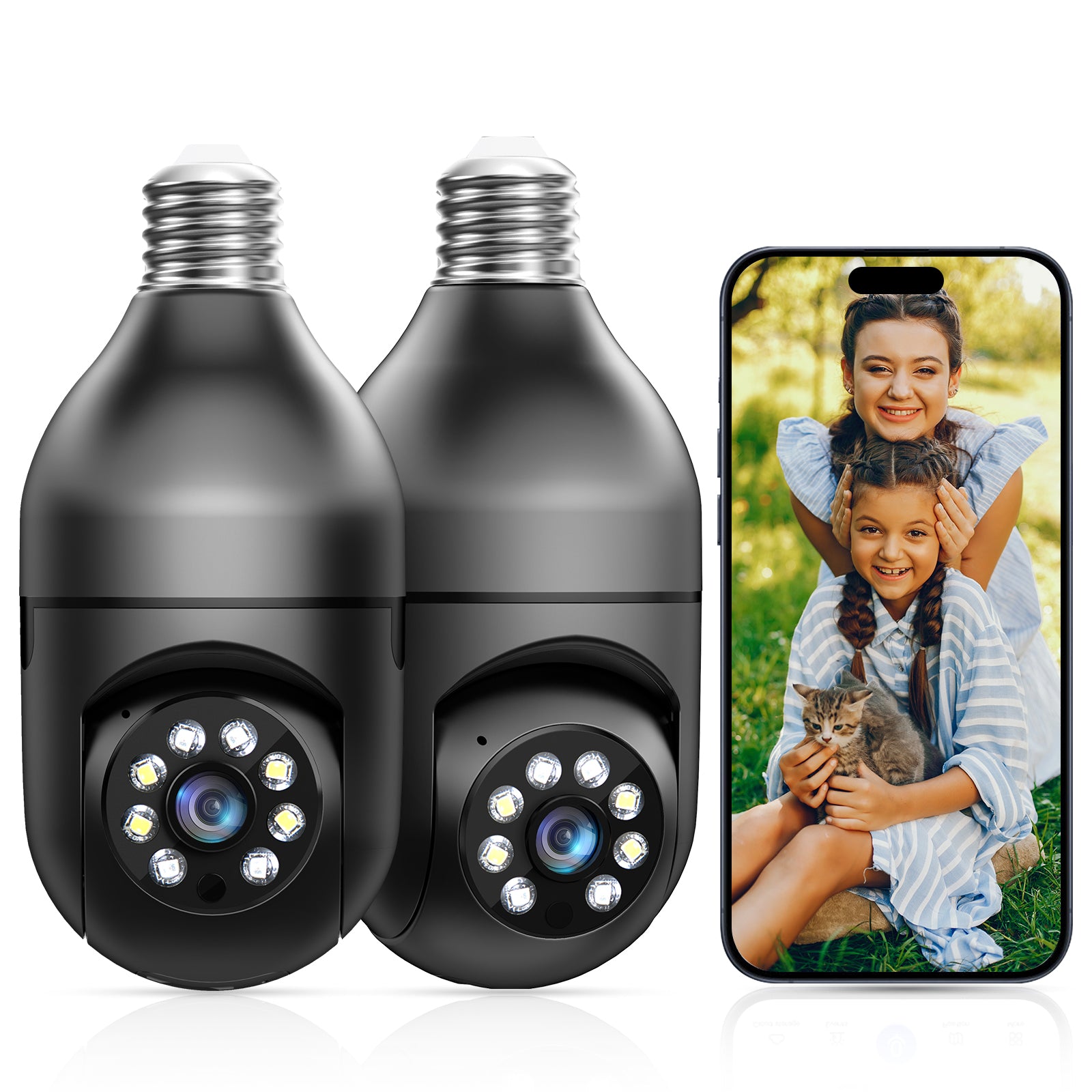 3MP AJcloud 2 Pack E27 Light Bulb Black PTZ WiFi Indoor Network Security Camera