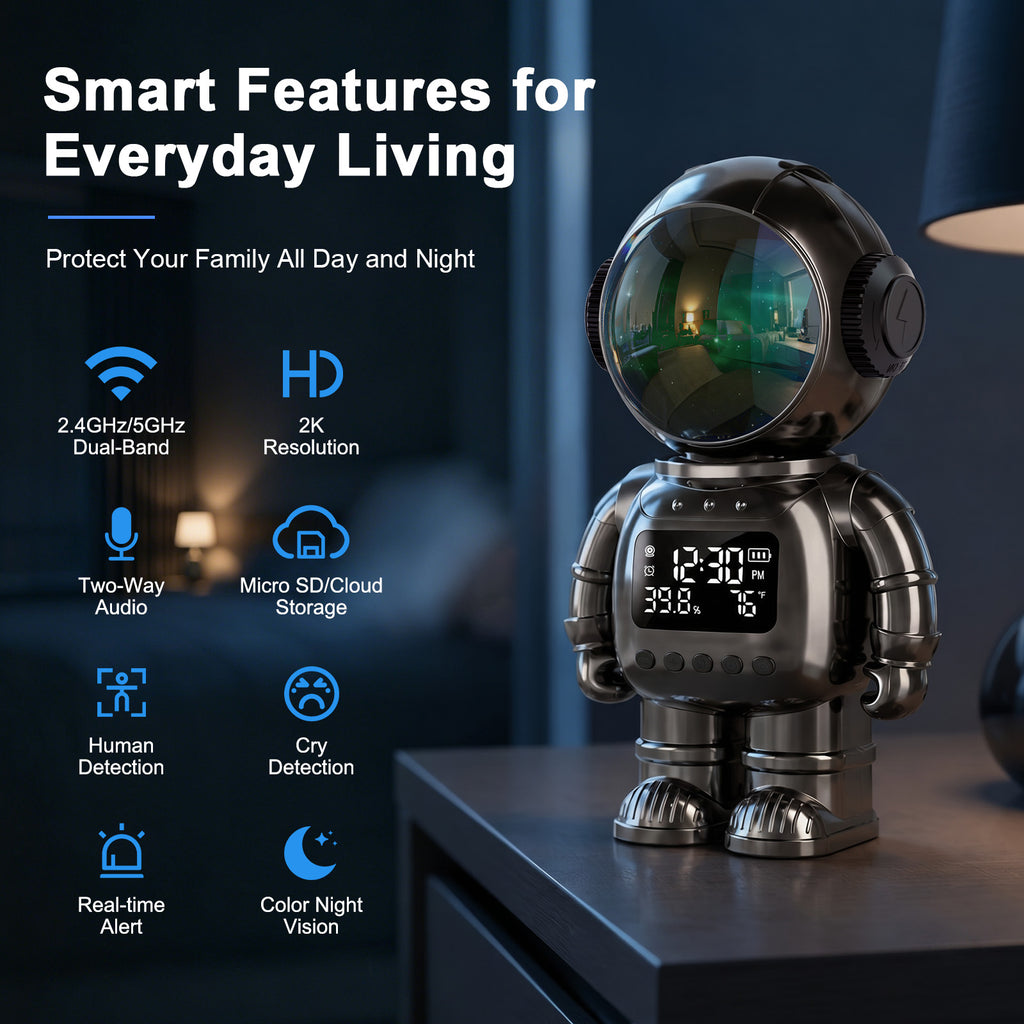2K Robot Clock Camera, 5G/2.4G WiFi Indoor Camera, Baby Pet Monitor Baby monitor with camera and audio, pet camera, color night vision, motion detection, temp & humidity alerts