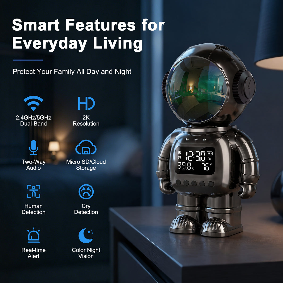 2K Robot Clock Camera, 5G/2.4G WiFi Indoor Camera, Baby Pet Monitor Baby monitor with camera and audio, pet camera, color night vision, motion detection, temp & humidity alerts