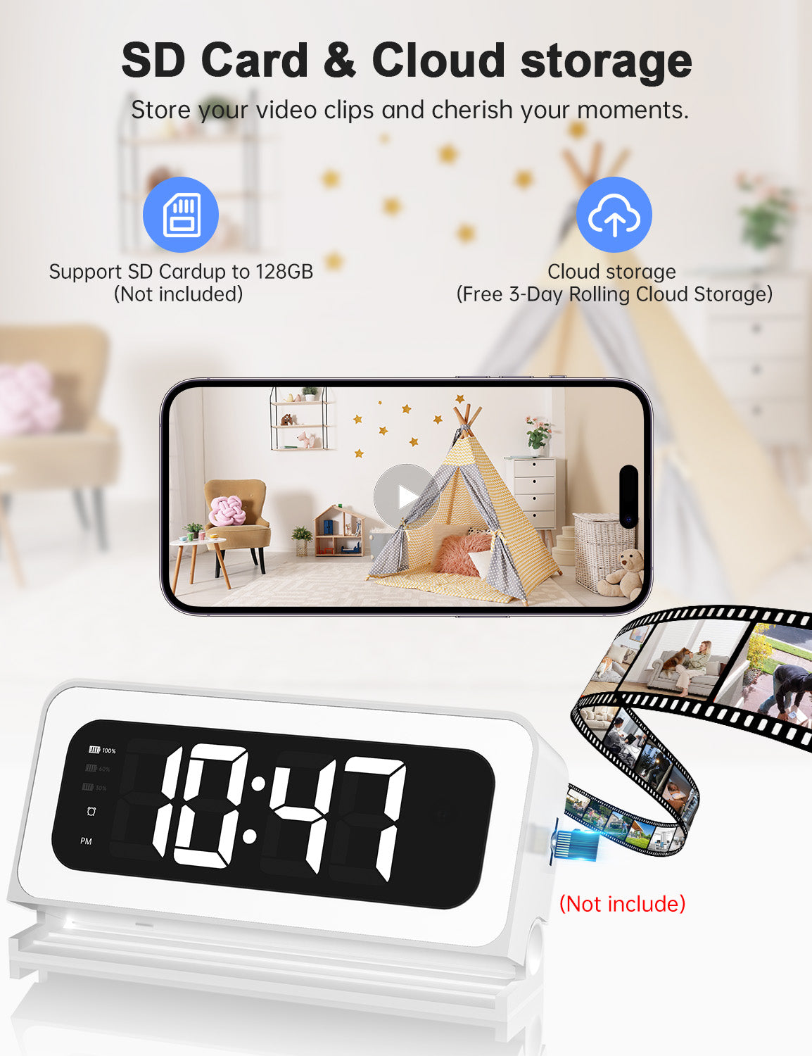 Wireless Wifi Alarm Clock Camera 1080P Video Recording Home Baby Monitor Clock Camera