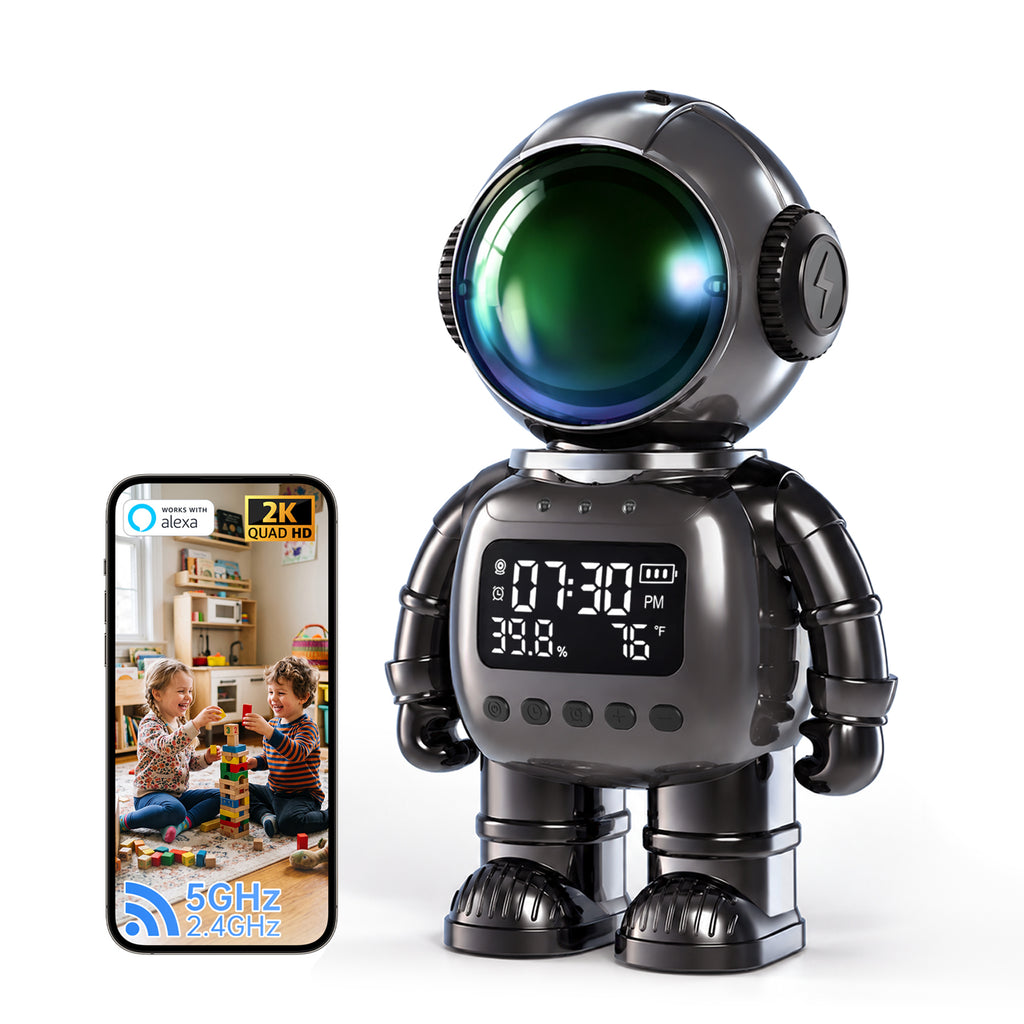 2K Robot Clock Camera, 5G/2.4G WiFi Indoor Camera, Baby Pet Monitor Baby monitor with camera and audio, pet camera, color night vision, motion detection, temp & humidity alerts